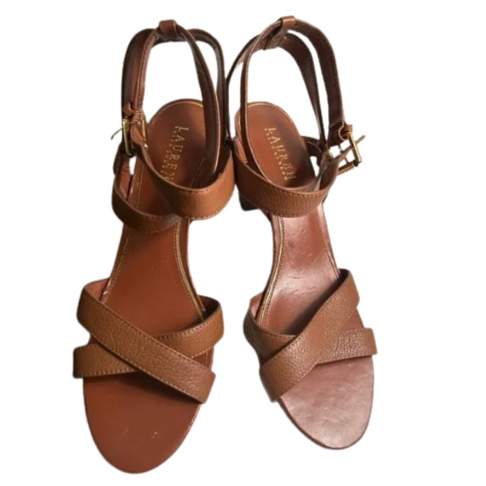 Ralph Lauren Brown Cross-Strap Leather Sandals
